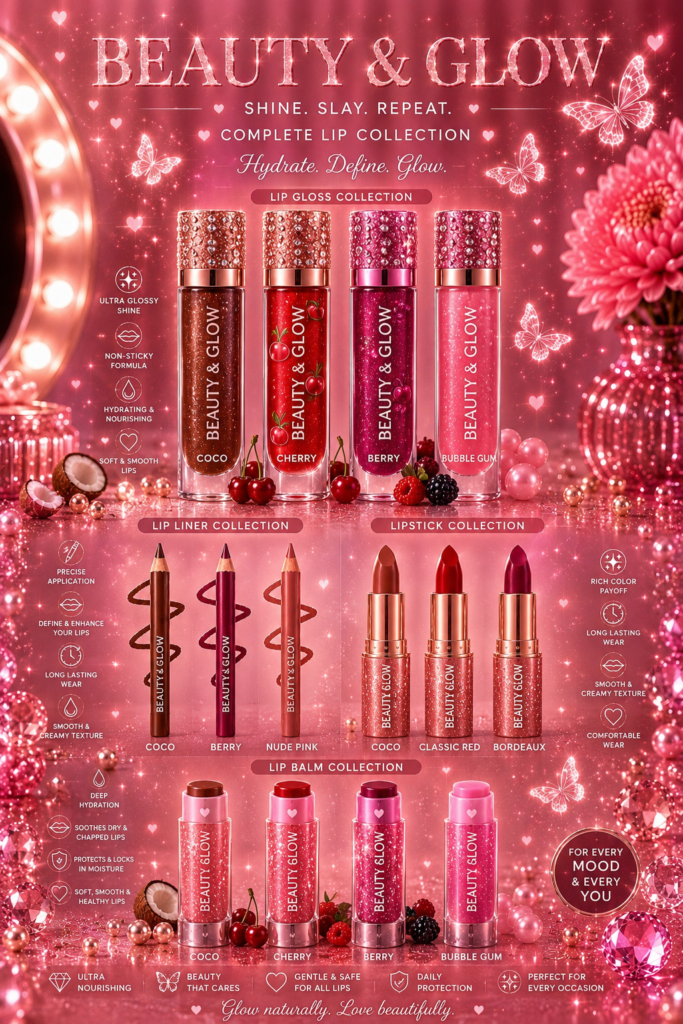 Beauty & Glow lip glosses, lipsticks, lip liners and lip balms
